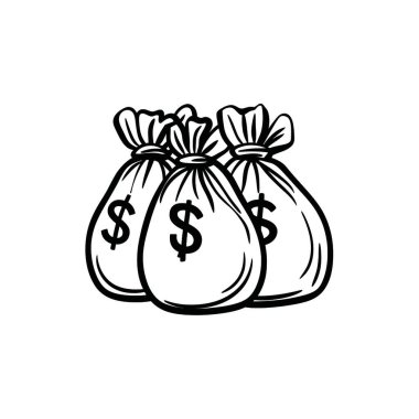Bu vektör görüntüde her biri bir dolar işaretiyle süslenmiş üç para torbası var. Koyu siyah çizgilerle çizilmiş poşetlerde elle çizilmiş bir his var. Basitliği yansıtıyor. Şeffaf arkaplan.