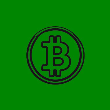 Bitcoin sembolü çift çizgili bir daire ile çevrili koyu siyah çizgilerle gösteriliyor, temiz beyaz bir arkaplan üzerine kurulmuş..