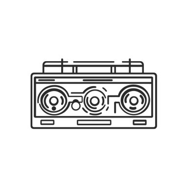 Açık çizgi çizimi basit bir klasik kaset teybi sunar. Minimalist retro stereo tasarımı. Beyaz zemin üzerindeki siyah çizgiler nostaljik estetiği yakalıyor..