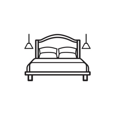 Modern minimalist yatak odası düzeninin temiz vektör çizgisi çizimi. Yastıklı çift kişilik bir yatak ve komodinin üzerinde iki tane lamba var..