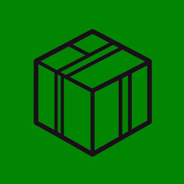 Açık, minimalist bir illüstrasyon kapalı bir karton kutunun siyah izometrik görünümünü gösteriyor, bant ile mühürlenmiş, dağıtım ve paketleme hizmetlerini temsil ediyor..