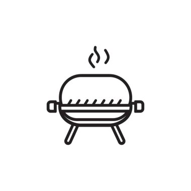 Siyah ve beyaz vektör resmi, yükselen dumanlı barbekü ikonunu gösteriyor, yaz temalı tasarımlar, restoran menüleri veya web sitesi grafikleri için harika.