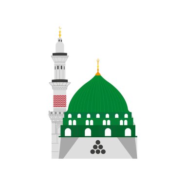 Madina Shareef Cami Kubbesi ve Minare Çizim Tasarımı, Yeşil Kubbe Tasarımı, Beyaz Arkaplan üzerine