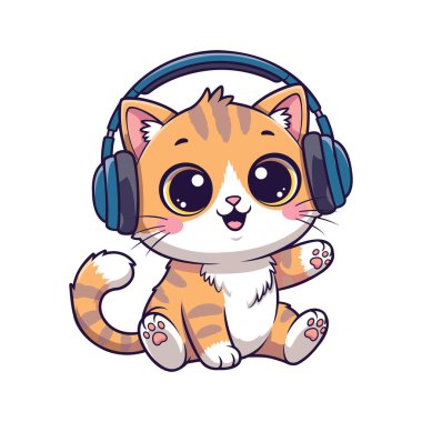 Kulaklığı turuncu, mavi renkli, sevimli kedi tasarımı.