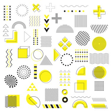 Sarı ve siyah geometrik şekiller memphis element çizim vektör tasarımını beyaz arkaplanda izole eder