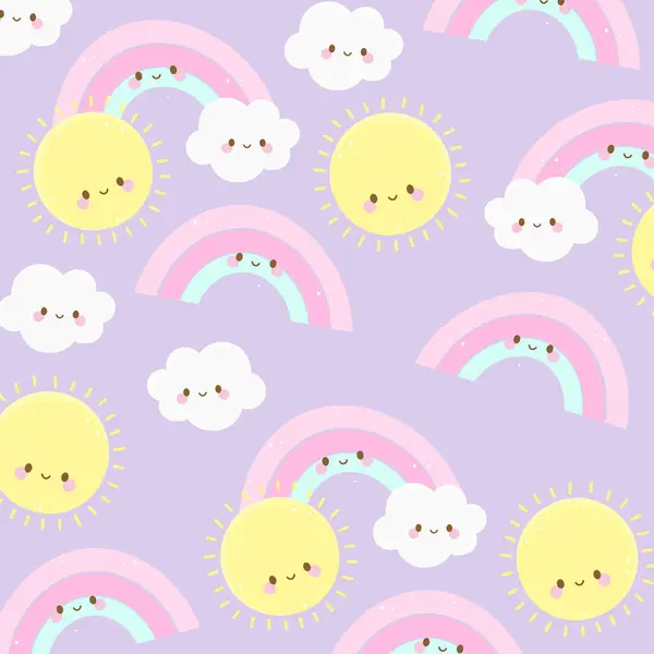 Şirin güneş, bulut ve gökkuşağı desenli Kawaii tarzı