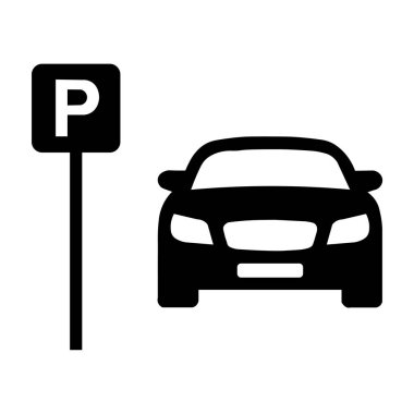 Araba park etme ikonu. Park yeri. Otoparkta. Otopark. Beyaz arkaplanda vektör simgesi izole edildi.