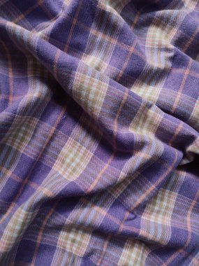 The background and fabric pattern of the checkered shirt are purple and white clipart