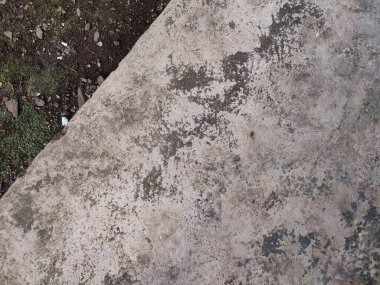 Asfalt ve toprak arkaplanı yosun, kaya ve kağıt parçalarıyla dolu.