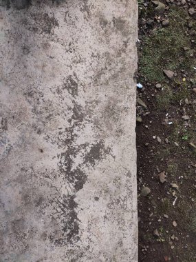 Asfalt ve toprak arkaplanı yosun, kaya ve kağıt parçalarıyla dolu.