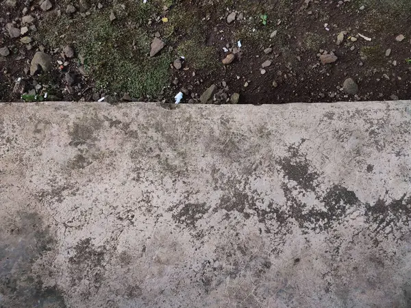 Asfalt ve toprak arkaplanı yosun, kaya ve kağıt parçalarıyla dolu.