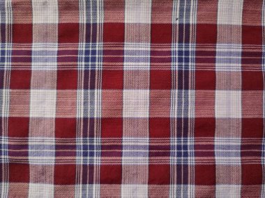 The pattern and background of the fabric is a checkered material in purple, red, brown and white.