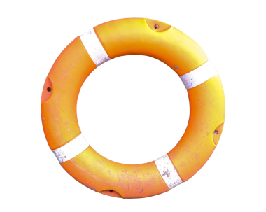 Beyaz çizgili, yıpranmış ve beyaz arka planda izole edilmiş turuncu bir yaşam şamandırası.