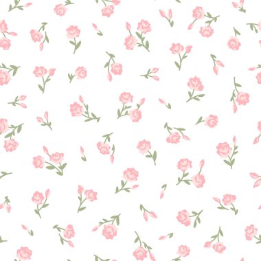 Yeşil yapraklı, çiçekli, hoş, çiçekli, pembe, küçük, sevimli çiçek desenli çiçek deseni. Kız ve kadın kıyafetleri için kusursuz desenler, moda kumaşı tekstili. Vektör illüstrasyonu