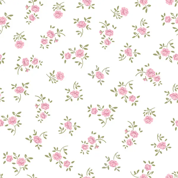 Ditsy tarzı şirin küçük güller çiçekler ve basit pembe ve yeşil renk mahsulleri bırakıyor. Tekstil için kusursuz desenler, kız bebek ve kadın kıyafetleri için moda kumaşı baskısı, ev dekorasyonu, çiçek tasarımı. Vektör illüstrasyonu