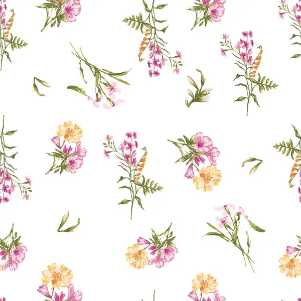 Tatlı suluboya el çizimi tatlı küçük çiçekler pürüzsüz desenli pembe ve sarı renkler. Yumuşak, tekstil, kız bebek ve kadın elbisesi, ev dekorasyonu, çiçek tasarımı sanatı için vektör illüstrasyonunu yazdır