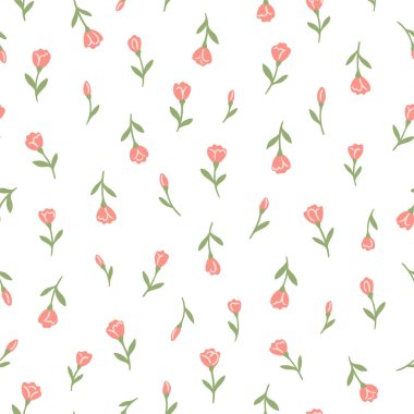Botanik çiçek desensiz, dipsiz desenli, şirin pembe gül çiçekleri ve beyaz izole arka planda yapraklar, doğal çiçek mahsulü. Baskı tekstil duvar kağıtları, kadın, bahar ve yaz için tasarım şablonu, davet vektör ilülasyonu