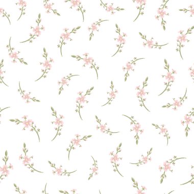 Botanik çiçek desensiz, dipsiz desenli, şirin pembe gül çiçekleri ve beyaz izole arka planda yapraklar, doğal çiçek mahsulü. Baskı tekstil duvar kağıtları, kadın, bahar ve yaz için tasarım şablonu, davet vektör ilülasyonu