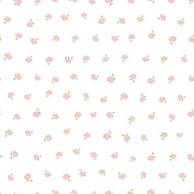 Botanik çiçek desensiz, dipsiz desenli, şirin pembe gül çiçekleri ve beyaz izole arka planda yapraklar, doğal çiçek mahsulü. Baskı tekstil duvar kağıtları, kadın, bahar ve yaz için tasarım şablonu, davet vektör ilülasyonu