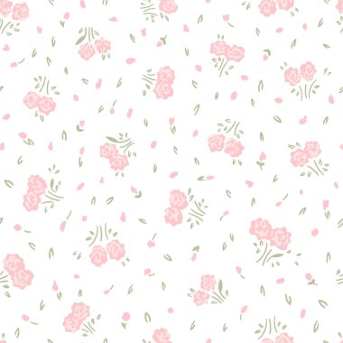 Botanik çiçek desensiz, dipsiz desenli, şirin pembe gül çiçekleri ve beyaz izole arka planda yapraklar, doğal çiçek mahsulü. Baskı tekstil duvar kağıtları, kadın, bahar ve yaz için tasarım şablonu, davet vektör ilülasyonu