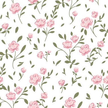 Botanik çiçek desensiz, dipsiz desenli, şirin pembe gül çiçekleri ve beyaz izole arka planda yapraklar, doğal çiçek mahsulü. Baskı tekstil duvar kağıtları, kadın, bahar ve yaz için tasarım şablonu, davet vektör ilülasyonu