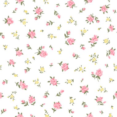 Botanik çiçek desensiz, dipsiz desenli, şirin pembe gül çiçekleri ve beyaz izole arka planda yapraklar, doğal çiçek mahsulü. Baskı tekstil duvar kağıtları, kadın, bahar ve yaz için tasarım şablonu, davet vektör ilülasyonu