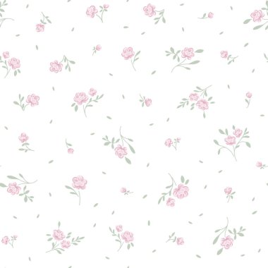 Botanik çiçek desensiz, dipsiz desenli, şirin pembe gül çiçekleri ve beyaz izole arka planda yapraklar, doğal çiçek mahsulü. Baskı tekstil duvar kağıtları, kadın, bahar ve yaz için tasarım şablonu, davet vektör ilülasyonu