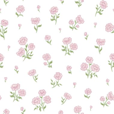 Botanik çiçek desensiz, dipsiz desenli, şirin pembe gül çiçekleri ve beyaz izole arka planda yapraklar, doğal çiçek mahsulü. Baskı tekstil duvar kağıtları, kadın, bahar ve yaz için tasarım şablonu, davet vektör ilülasyonu