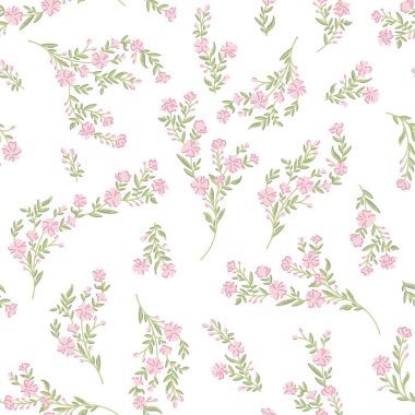 Botanik çiçek desensiz, dipsiz desenli, şirin pembe gül çiçekleri ve beyaz izole arka planda yapraklar, doğal çiçek mahsulü. Baskı tekstil duvar kağıtları, kadın, bahar ve yaz için tasarım şablonu, davet vektör ilülasyonu