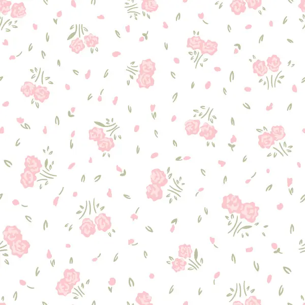Botanik çiçek desensiz, dipsiz desenli, şirin pembe gül çiçekleri ve beyaz izole arka planda yapraklar, doğal çiçek mahsulü. Baskı tekstil duvar kağıtları, kadın, bahar ve yaz için tasarım şablonu, davet vektör ilülasyonu
