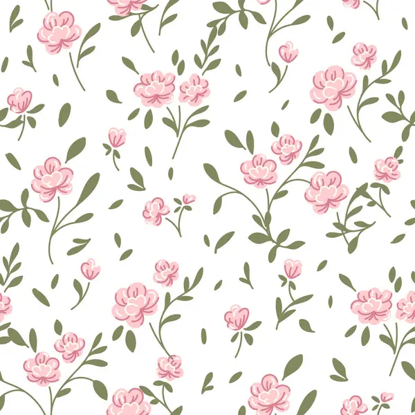 Botanik çiçek desensiz, dipsiz desenli, şirin pembe gül çiçekleri ve beyaz izole arka planda yapraklar, doğal çiçek mahsulü. Baskı tekstil duvar kağıtları, kadın, bahar ve yaz için tasarım şablonu, davet vektör ilülasyonu