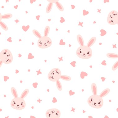 Küçük pembe kalbi ve çizgi film yıldızları gibi basit bir tarzı olan sevimli, komik tavşanın kusursuz deseni. Bebek partisi için vektör illüstrasyon tasarımı, çocukların partisi, mutlu Paskalya günleri.