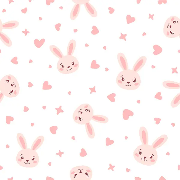 Küçük pembe kalbi ve çizgi film yıldızları gibi basit bir tarzı olan sevimli, komik tavşanın kusursuz deseni. Bebek partisi için vektör illüstrasyon tasarımı, çocukların partisi, mutlu Paskalya günleri.