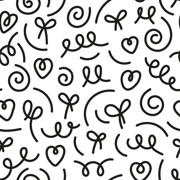 Siyah fırça karalamalarının pürüzsüz deseni, el çizimi, ikonlar, kalp, çizgi, eğri dalgalar, kurdele yayları, sarmal kabuklar, beyaz arka planda izole edilmiş. Soyut moda şirin okul atmosferi çizgi film tasarımı baskısı. Vektör illüstrasyonu