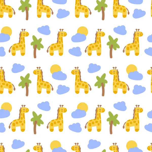 Küçük bulutlu, Afrika güneşli, tropikal, eğlenceli duvar kâğıdı arka planı olan bebek çocuklar için sevimli sarı zürafalar. Vektör illüstrasyonu