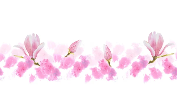 无缝隙花边图案 紫色木兰的手绘插图 带有粉红色水彩斑斑的孤立的白色背景 横向重复边框 包装纸 — 图库照片