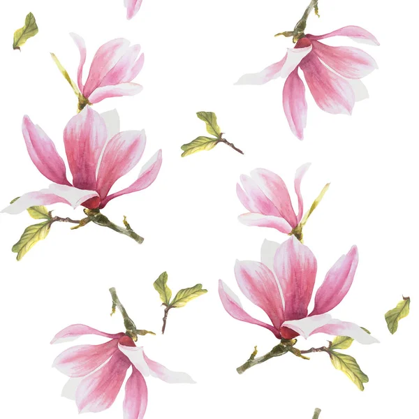 Magnolia Kwiat Akwarela Bezszwowy Wzór Ręcznie Malowana Ilustracja Kwitnącego Fioletowego — Zdjęcie stockowe