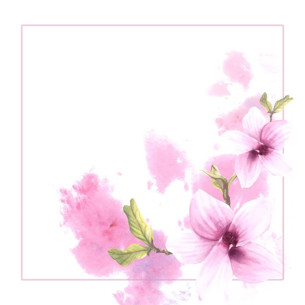 Marco Floral Con Acuarela Flores Brotes Hojas Magnolias Rosadas Ilustración —  Fotos de Stock