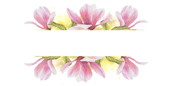 Kwiatowa Rama Akwarelowym Różowym Magnolii Kwiaty Pąki Liście Ręcznie Malowane — Zdjęcie stockowe