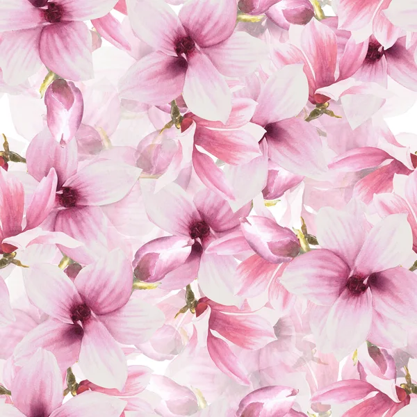 Kwiat Akwarela Bezszwowy Wzór Ręcznie Malowana Ilustracja Kwitnącego Fioletowego Magnolia — Zdjęcie stockowe