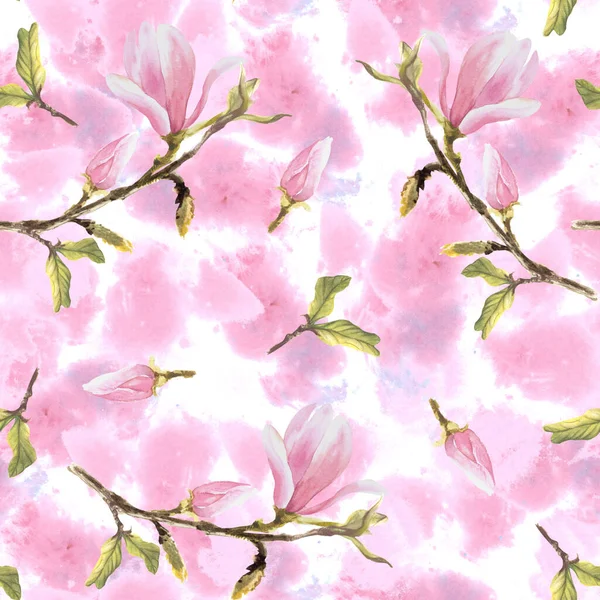 Květinový Akvarel Bezešvný Vzor Ručně Malované Ilustrace Kvetoucí Fialové Magnolie — Stock fotografie
