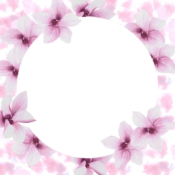 Kwiatowa Rama Akwarelowymi Różowymi Magnoliami Kwiaty Pąki Ręcznie Malowana Ilustracja — Zdjęcie stockowe