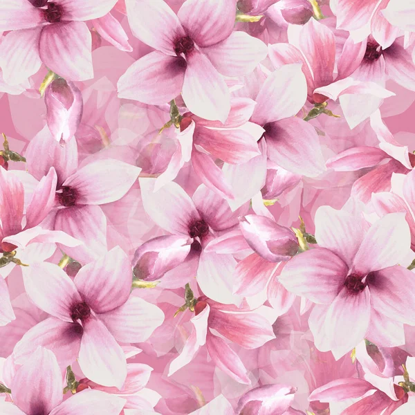 Kwiat Akwarela Bezszwowy Wzór Ręcznie Malowana Ilustracja Kwitnącego Różu Fioletu — Zdjęcie stockowe