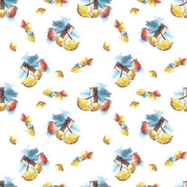 Teknelere, kalın borulara, kırmızı ve sarı şamandıralara, deniz dalgalarına ve beyaz zemin üzerindeki sıçramalara bağlanma elementleri ile donanımsız bir desen. Paket kağıdı, duvar kağıdı, tekstil tasarımları.