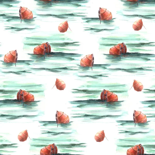 Aquarell Maritimes Muster Mit Roten Bojen Auf See Handgemaltes Nahtloses — Stockfoto