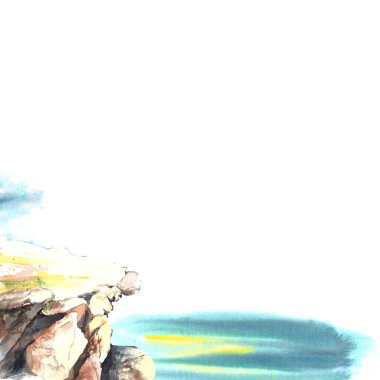 Suluboya elle çizilmiş denizcilik çizimi. Zümrüt Adriyatik denizi ve dalgalar kayalık bir iskelede yansıyor. Beyaz arka planda izole edilmiş. Tasarımınız, afişiniz, kartlarınız, posterleriniz, afişleriniz için bir temel