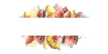 Suluboya çerçeve kırmızısı, sarı şamandıralar ve açık deniz şamandırası. İzole edilmiş beyaz arkaplanda, davetiyeler ve kartpostallar için suluboya tırmanışı.