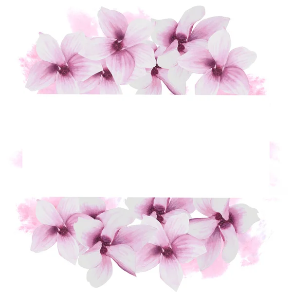 Kwiatowa Ramka Akwarelowymi Różowymi Kwiatami Magnolii Ręcznie Malowane Białym Tle — Zdjęcie stockowe