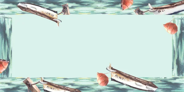 Aquarell Rahmt Rote Bojen Und Boote Auf See Ein Handgemalte — Stockfoto