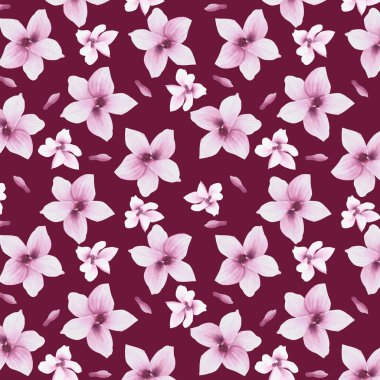 Flower Watercolor Seamless Pattern. Hand painted illustration of blooming purple Magnolia.Pattern on isolated on dark background for your design, textile, wrapping paper, wallpaper, cover.